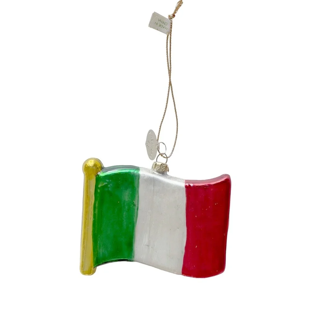 Old World Christmas Chianti Wine Bottle & Italy Flag Blown Glass Set2 Ornaments